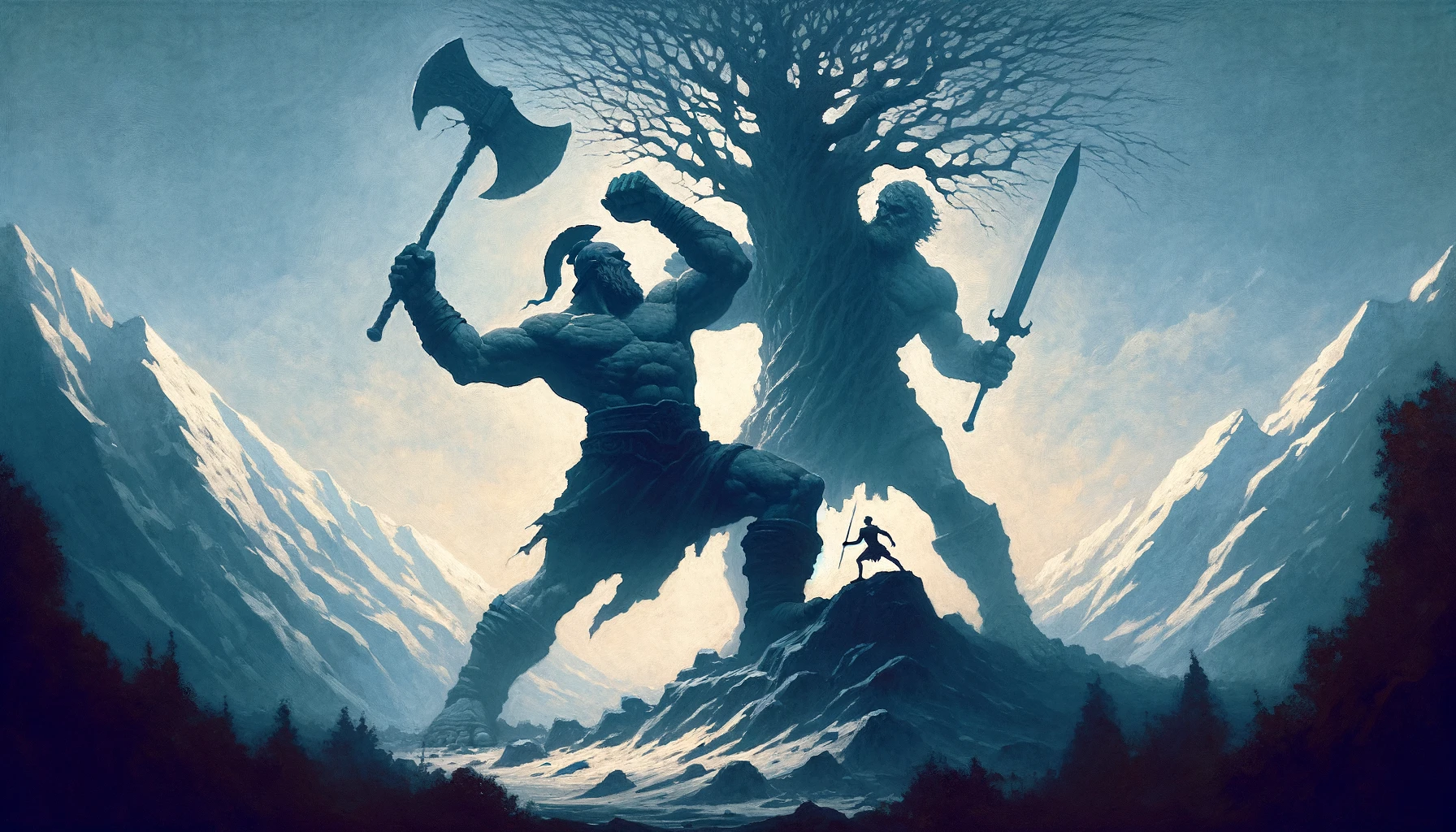 Kämpfende Giganten vor mystischem Baum