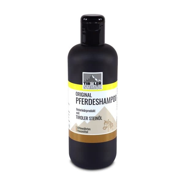 Pferdeshampoo in schwarzer Flasche mit Etikett